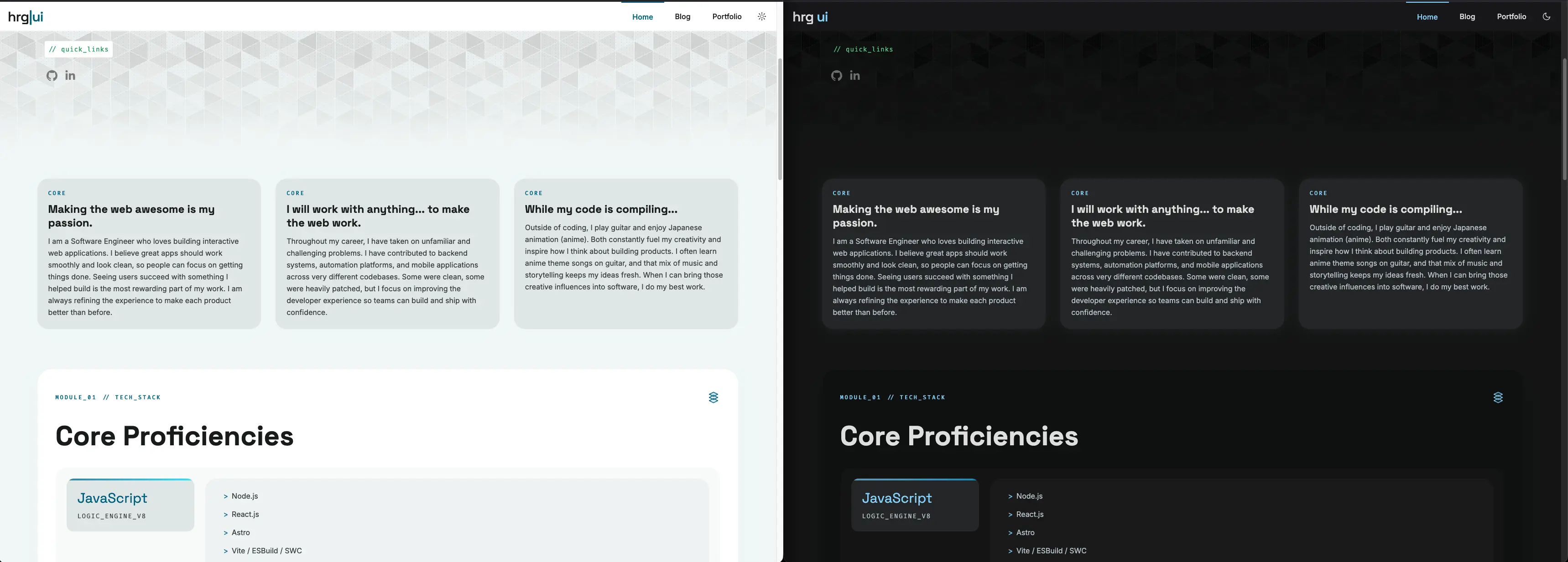 Light and dark mode comparison of technical skills section